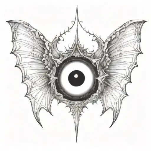 seraphim, 6 large bat wings, large demon eye in the centre, gothic tattoo design idea