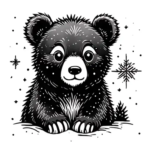 cute bear cub and north star tattoo design idea