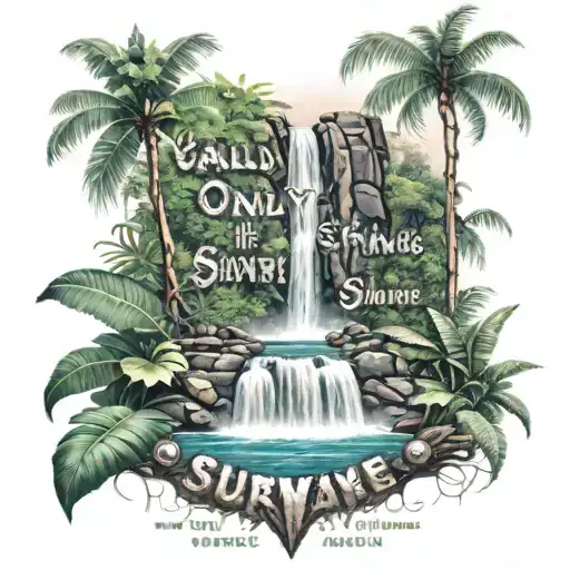 jungle theme with waterfall and the words 'only the strong survive'  tattoo design idea