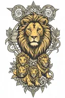lion with lionesses and 2 cubs in front of cross tattoo design idea