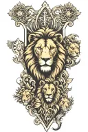 lion with lionesses and 2 cubs in front of cross tattoo design idea