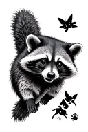 Raccoon climbing with dog prints slowly fading tattoo design idea
