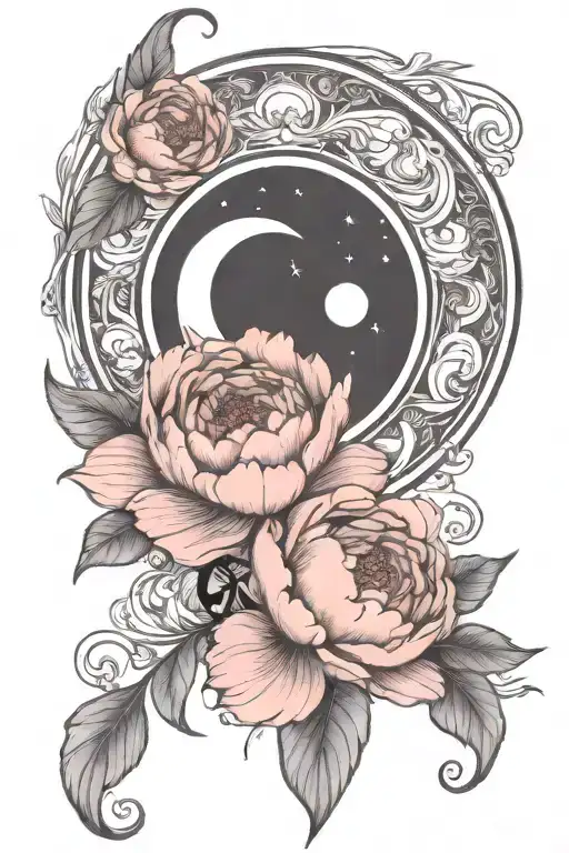 crescent moon, with peonie, art nouveau tattoo design idea
