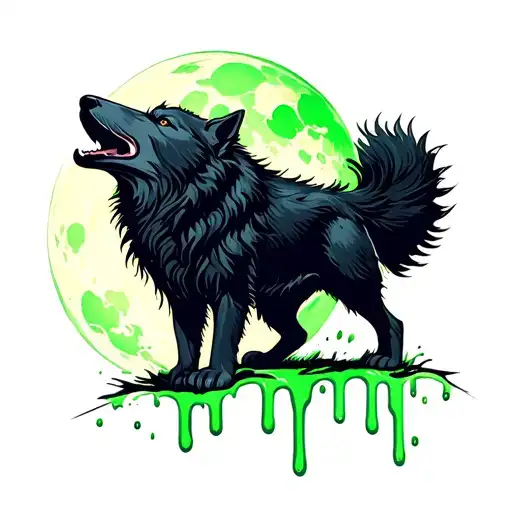 wolf howling at melting green moon tattoo design idea
