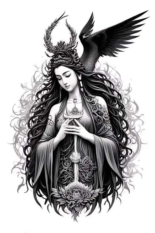 Kuan Yin and The Morrigan armed and entwined tattoo design idea