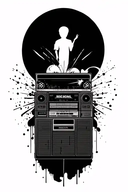 music, boombox, 32, father son, time, God tattoo design idea