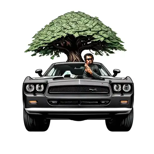 person driving srt dodge with money tree growing tattoo design idea