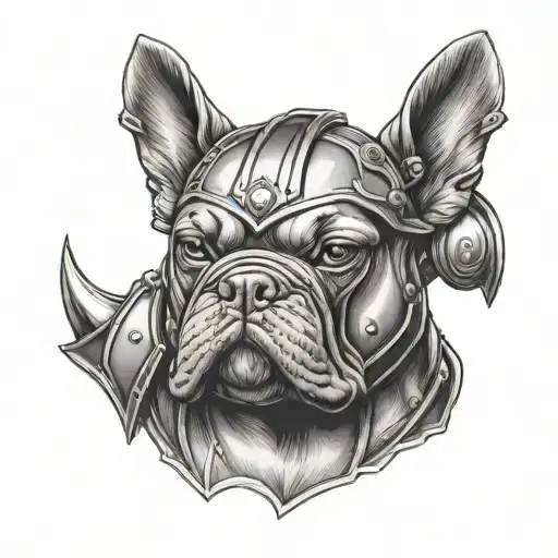 Majestic, powerful and elegant French bull dog with a gladiator helmet named Motos Toli tattoo design idea
