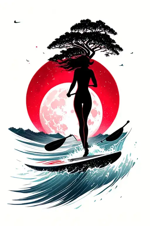 female paddleboard gliding through japanese waves with a red  blood moon  tattoo design idea