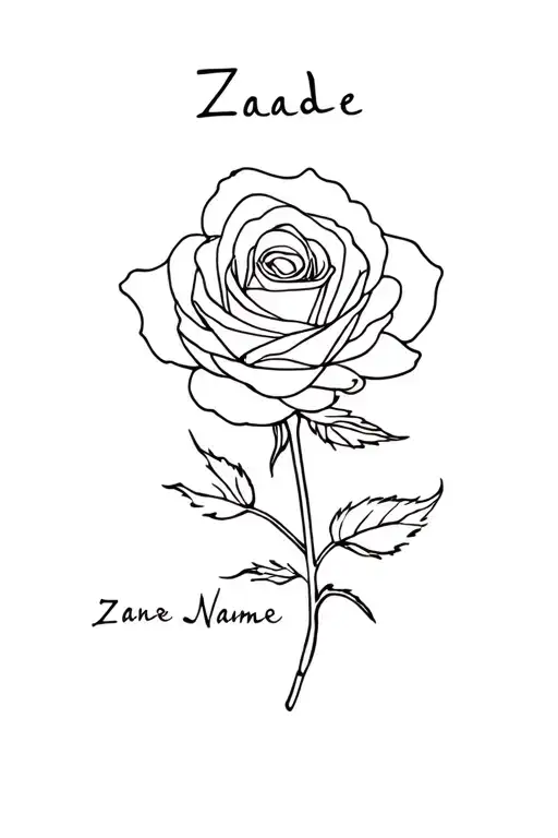 a rose with name zade secretly written in it and a rose drawn by a single line tattoo design idea
