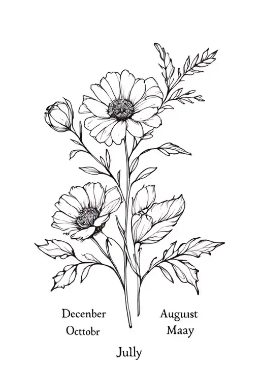 bouquet of birth month flowers, December, October, August, May, March and July  tattoo design idea