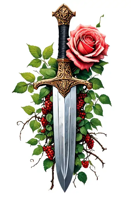 Sword planted in te skin, with brambles at the base which climb around the blade, hatching and a big rose at the top tattoo design idea