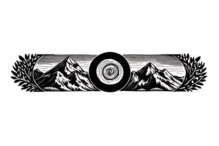Pachamama spiral with mountain outline intertwined coca leaves tattoo design idea
