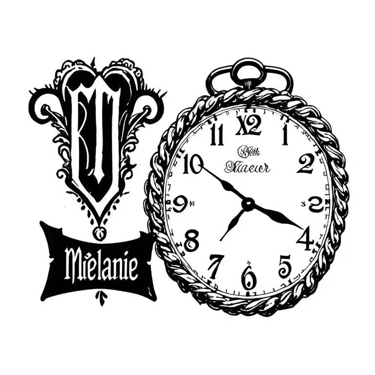 "Mélanie" clock Coeur chain tattoo design idea