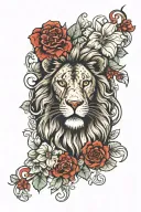lion with GERANIUMS and ruby eyes looking tattoo design idea