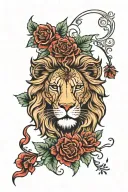 lion with GERANIUMS and ruby eyes looking tattoo design idea