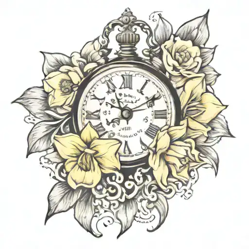 A clock, 2 daffodils, daughters name, baby footprints tattoo design idea