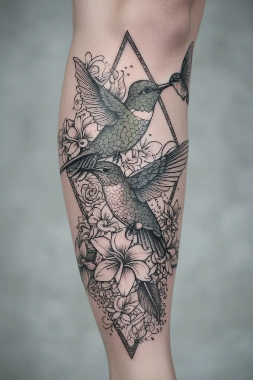 hummingbird and frangipani flower inside a triangle  tattoo design idea