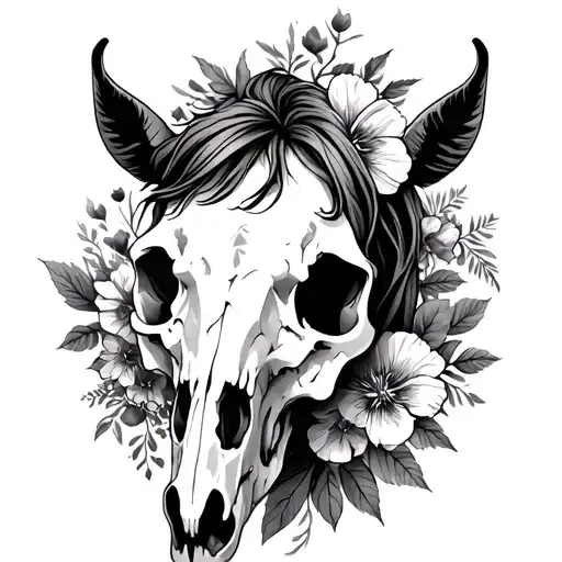 horse skull with botanicals and flowers tattoo design idea