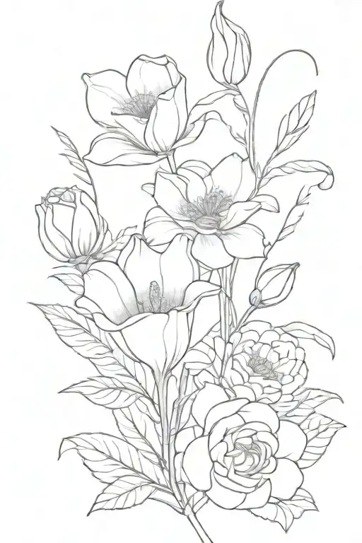 A simple bouqeut of flowers with two dahlias, a rose, a magnolia, a calla lily, and a gladiola tattoo design idea