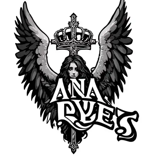 ANA REYES in a royal looking font with angel wings coming from the sides and a cross in the background with a crown tattoo design idea