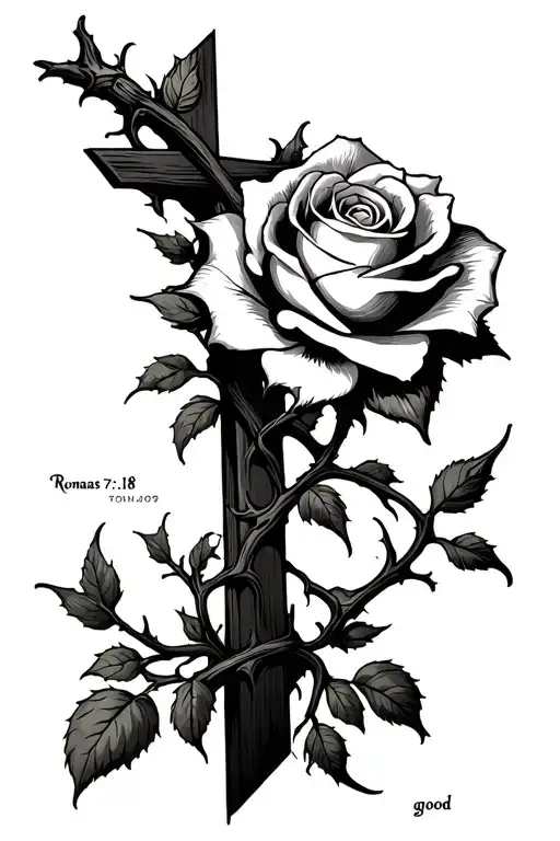 A cross with thorny vines and a blooming rose. Represents Romans 7:18's internal struggle between good an tattoo design idea