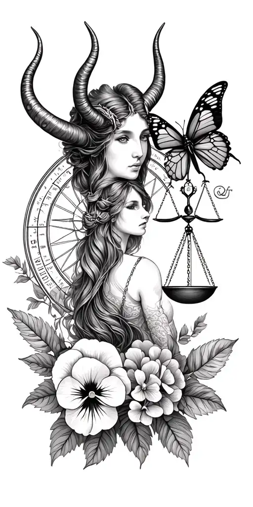 Capricorn and Libra symbols, scales, pansy flower, butterfly, astrology wheel, woman with horns, beetle, hydrangeas tattoo design idea