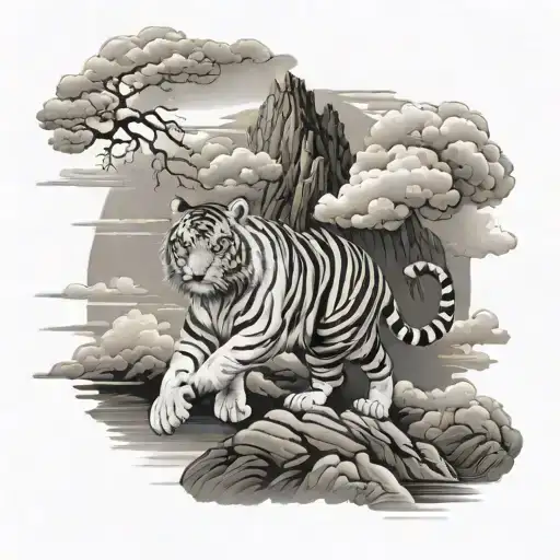 Chinese tiger walking across mountain with clouds tattoo design idea