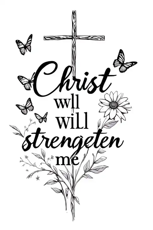 "Christ will strengthen me" flower, small butterflies cross tattoo design idea