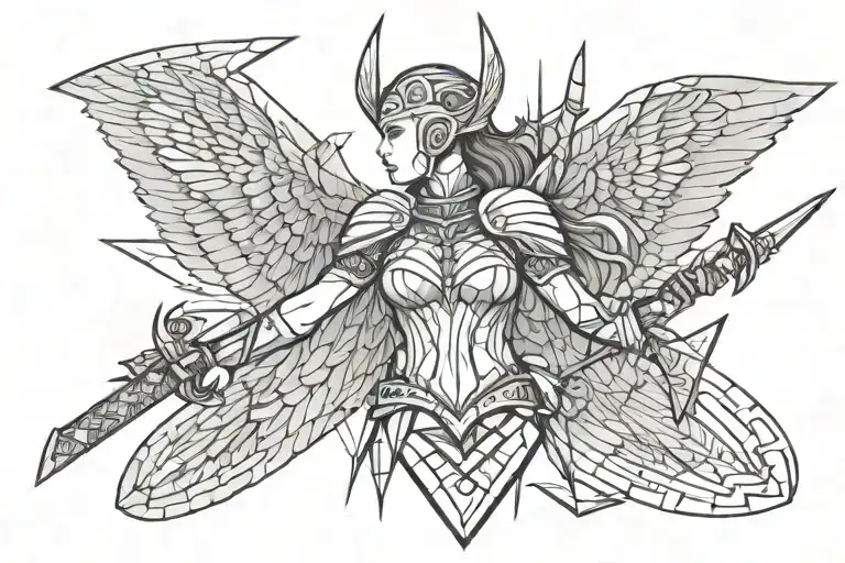 Valkyrie warrior with katana wings emerging from her back tattoo design idea