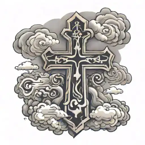 A cross with pop pop on top with heven gates and clouds and his birth dates and his death date  tattoo design idea