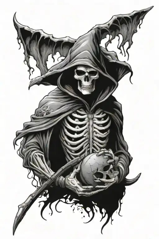 Hooded grim Reaper facing camera holding American football with Artistic Dead floral surrounding body. Gothic style. tattoo design idea