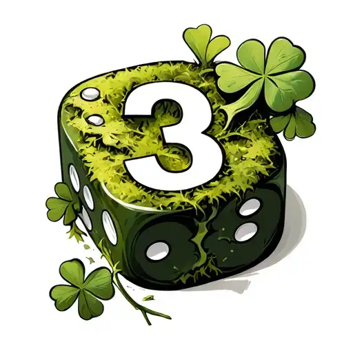 a die that shows the number 3, the die is covered in moss, it is broken in one corner and a 4-leaf clover has grown insi tattoo design idea