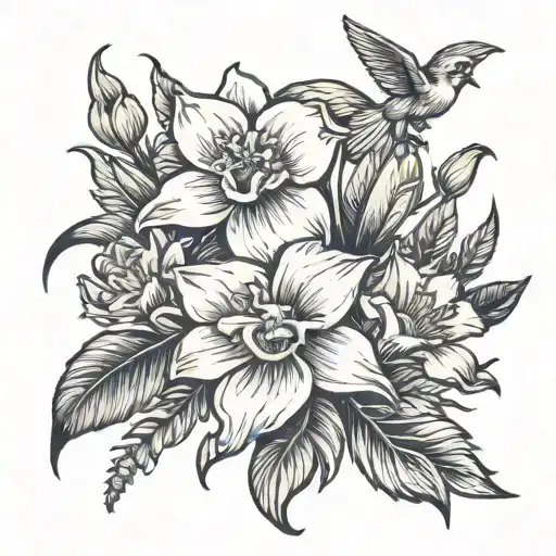 Daffodil, Gladiolus, Yellow Rose, Birds of paradise, Dahlia tattoo design idea
