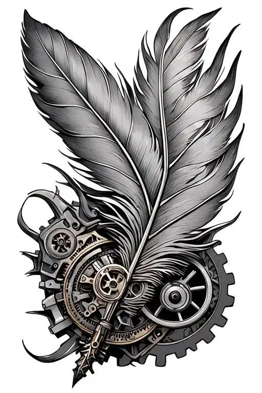 feather steampunk inspired mechanical gear integrated tattoo design idea