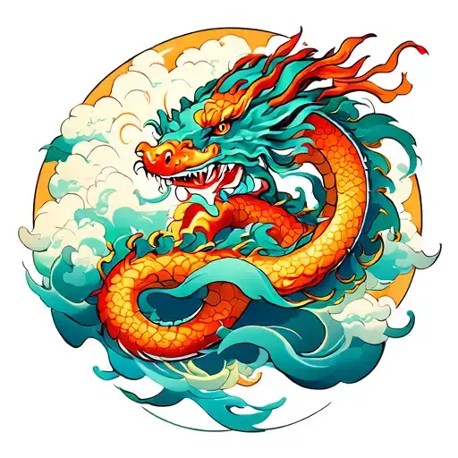 Create a tattoo design for the side of the calf featuring a stylized dragon entwined with swirling clouds. The dragon sh tattoo design idea