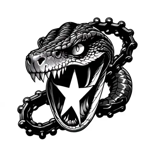 snake head scary behind it has a star, bike chain, kris (mg/mc logo) tattoo design idea