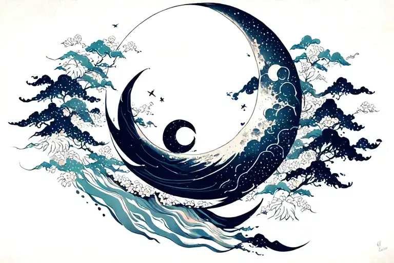 crecent moon made of shadow ink overshadowed by a bright full moon tattoo design idea