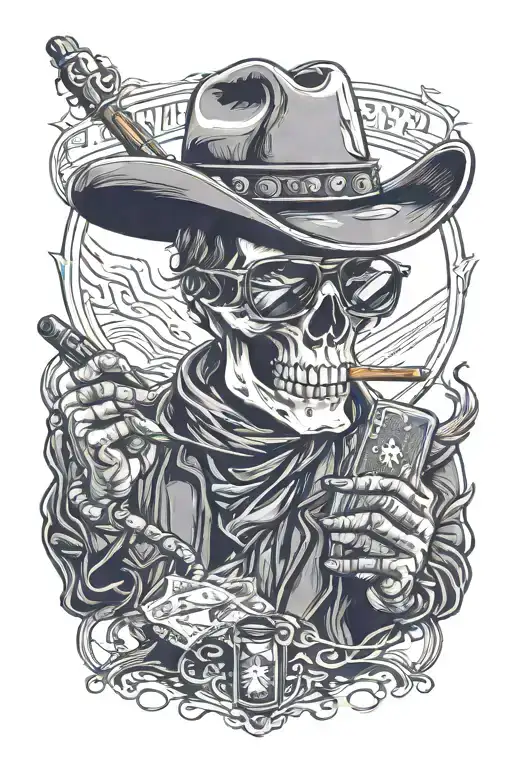 cowboy skull poker player smoking a cigar with aviator glasses and bandana tattoo design idea
