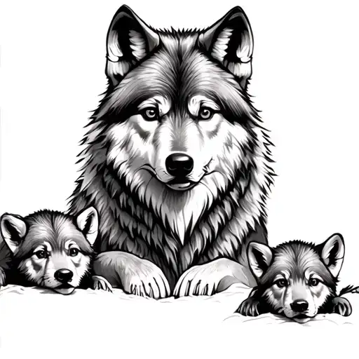 mother wolf with two cubs tattoo design idea