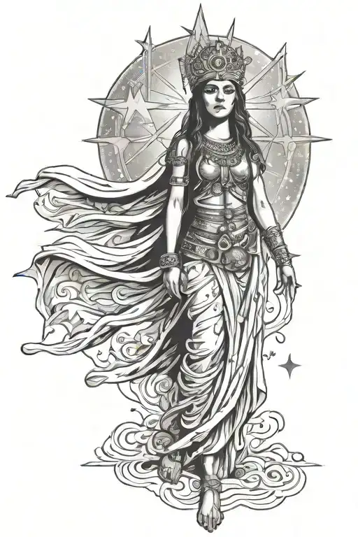isis godess in star filled sky tattoo design idea