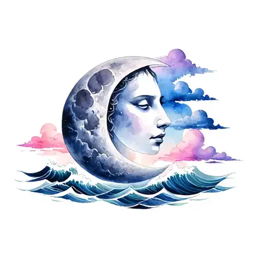 moon with face and cloud waves crashing in the background tattoo design idea