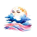 moon with face and cloud waves crashing in the background tattoo design idea