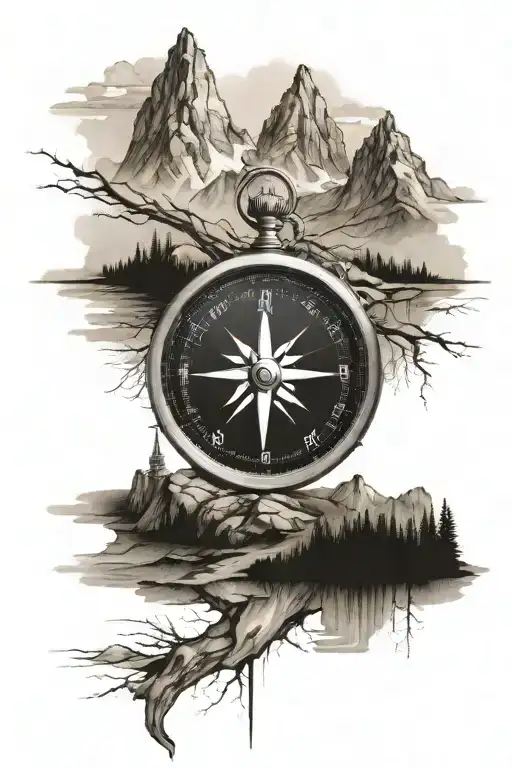 compass cartography map mountains reflected tattoo design idea