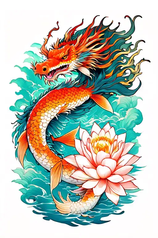 full left arm sleeve, japanese dragon on shoulder with lotus flower on inner bicep, koi fish and traditional japanese bu tattoo design idea