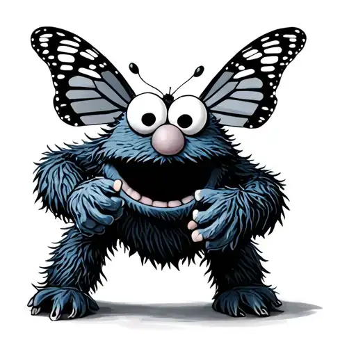 cookie monster playing with a butterfly  tattoo design idea