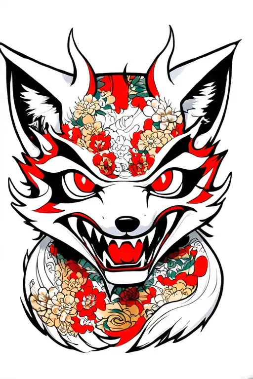 Japanese fox mask, evil, with claws, teeth, red eyes side view tattoo design idea