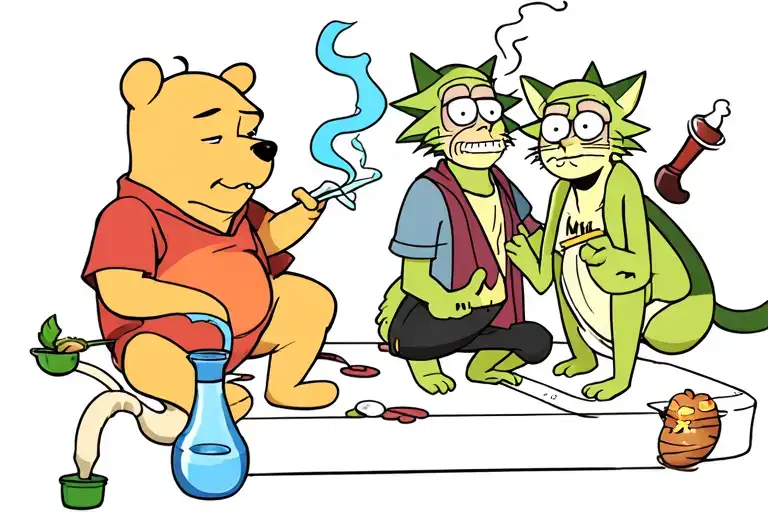 Winnie the Pooh smoking a joint with Rick and Morty passing the bong and the Cheshire Cat smoking hookah tattoo design idea