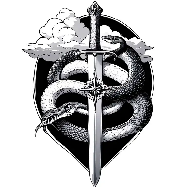 Double headed snake rapped around sword with cloud and a compass facing south tattoo design idea