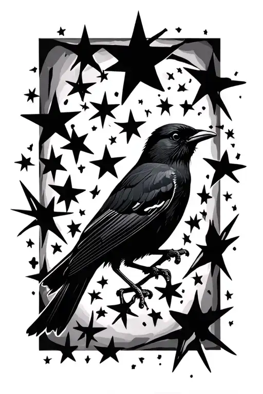 blackbird silhouette 5 point stars scattered tattoo design idea